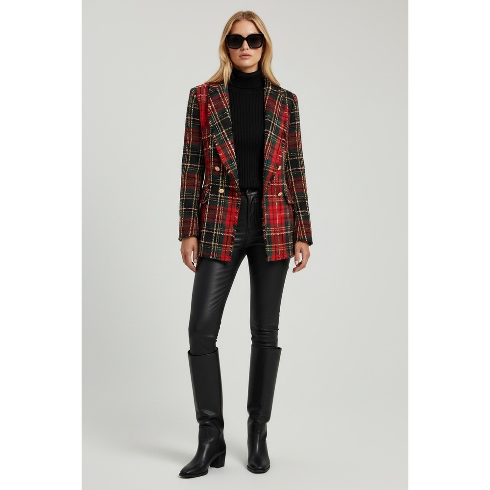 Maison Cinqcent Red Plaid Tweed Double Breasted Blazer Size L Fringe Tartan Core